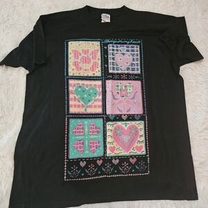 Vintage 90s Extra Elements Black Tee with Vibrant Heart Country  Patterns 18W